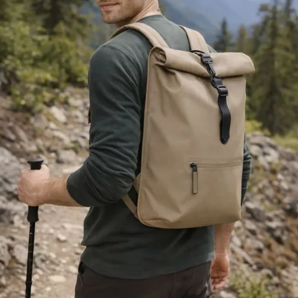 RAINS Rolltop Rucksack W3  Beige Sand Waterproof Backpack Laptop - Picture 3 of 11